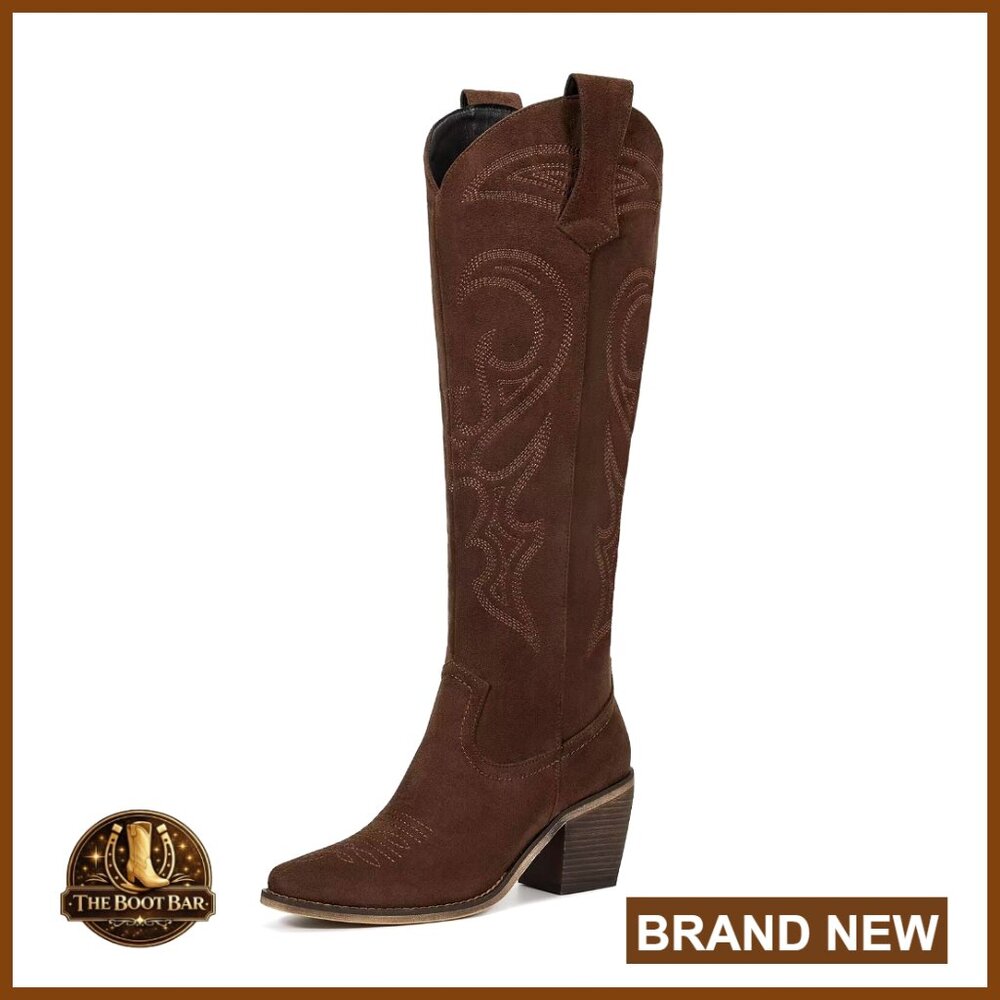 Knee High Cowboy Boots With Side Zipper, 3 Inch Heel, Faux Leather